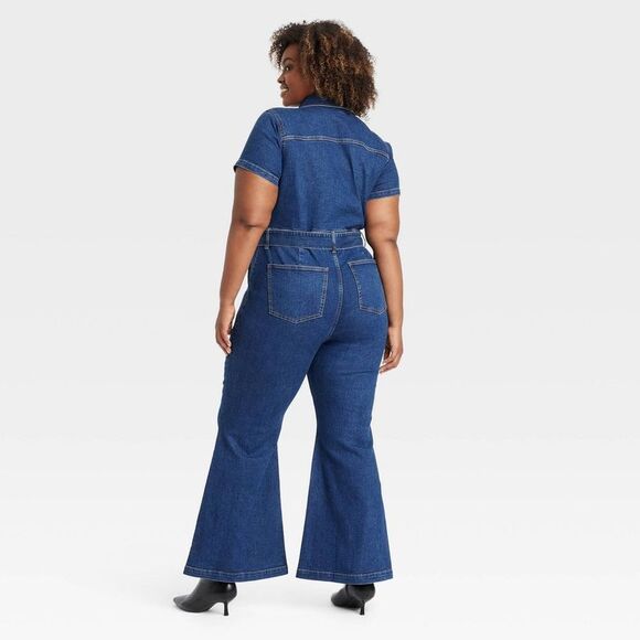 Ava & Viv - Women's Short Sleeve Denim Jumpsuit - Ava & Viv Da Dark Wash - Picture 2 of 3